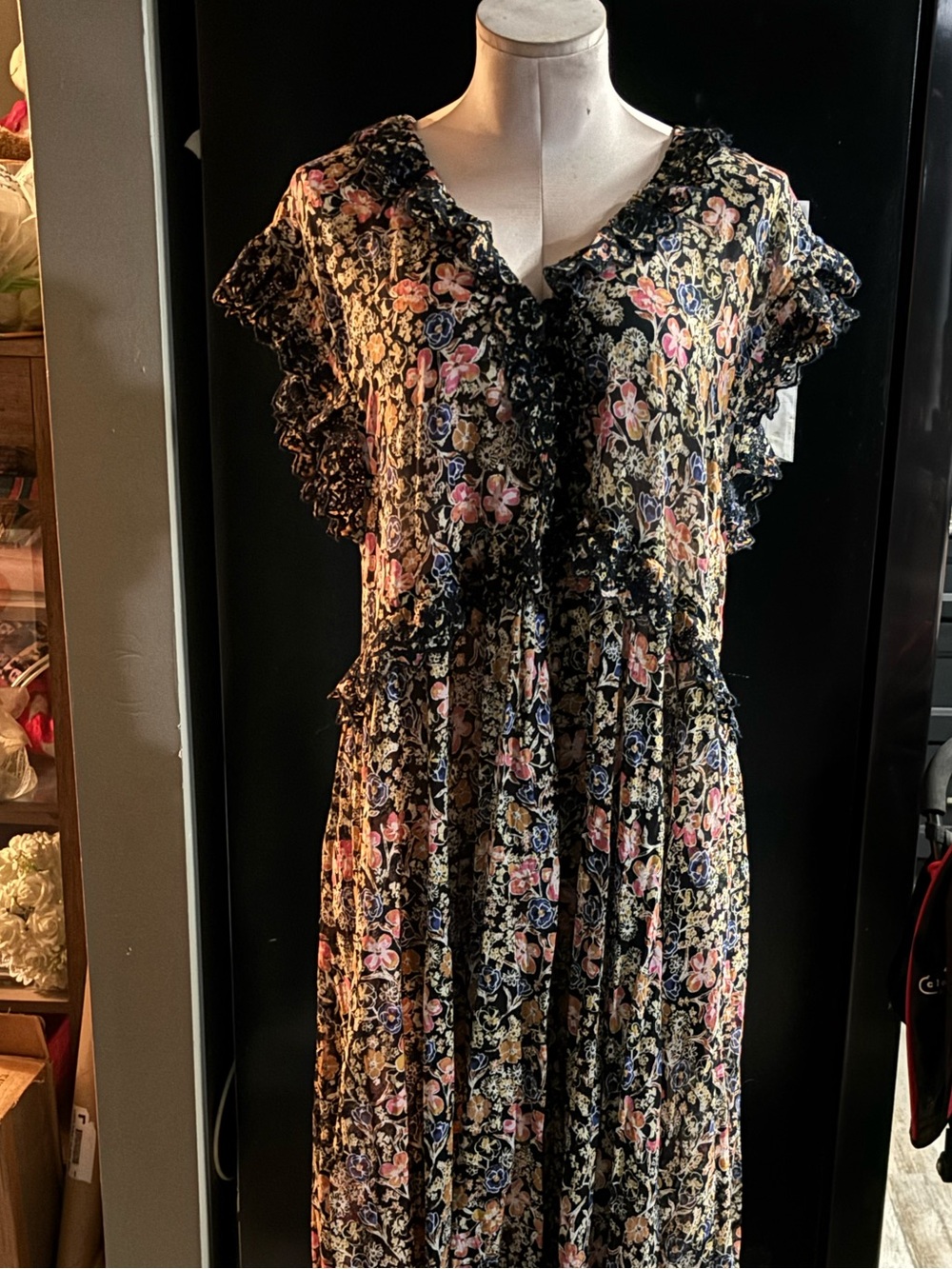 Free People Black Maxi Dress with Pink & Cream Floral